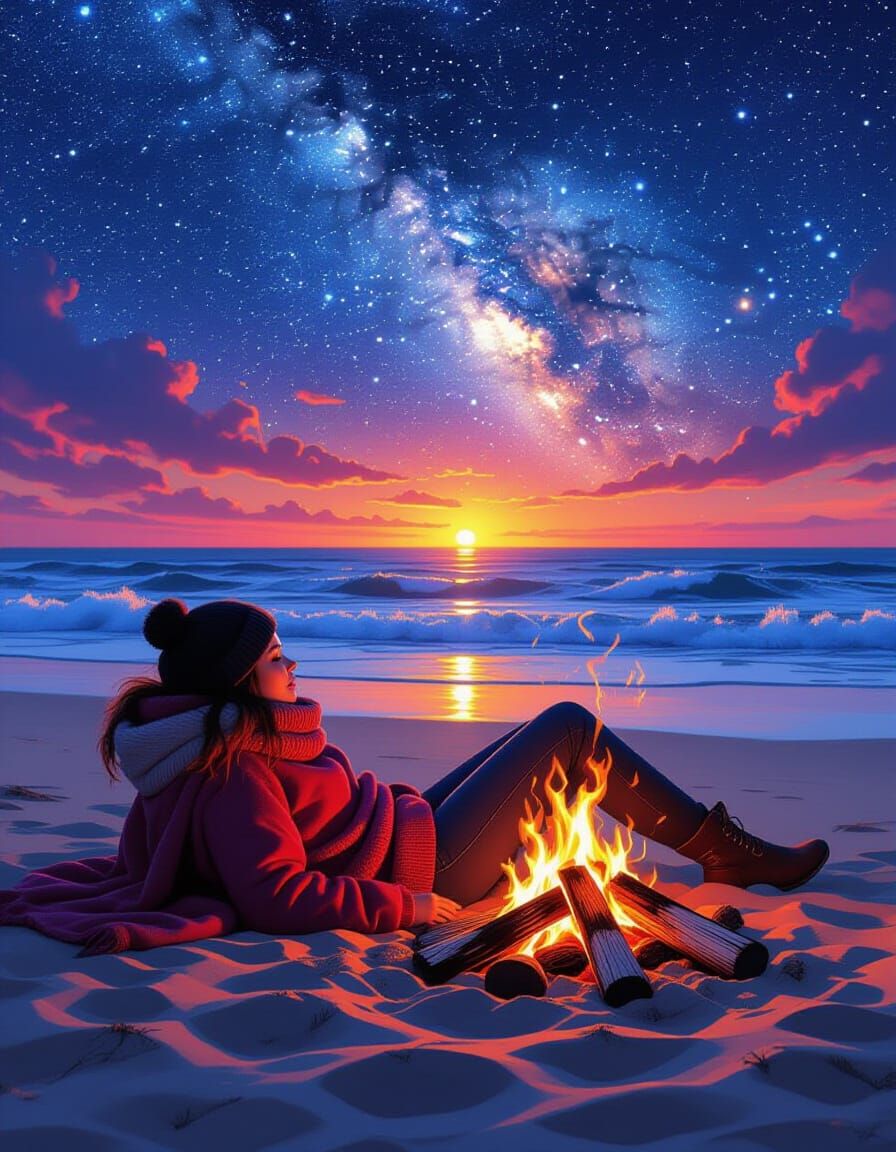Bonfire on Winter Beach Under Starry Sky