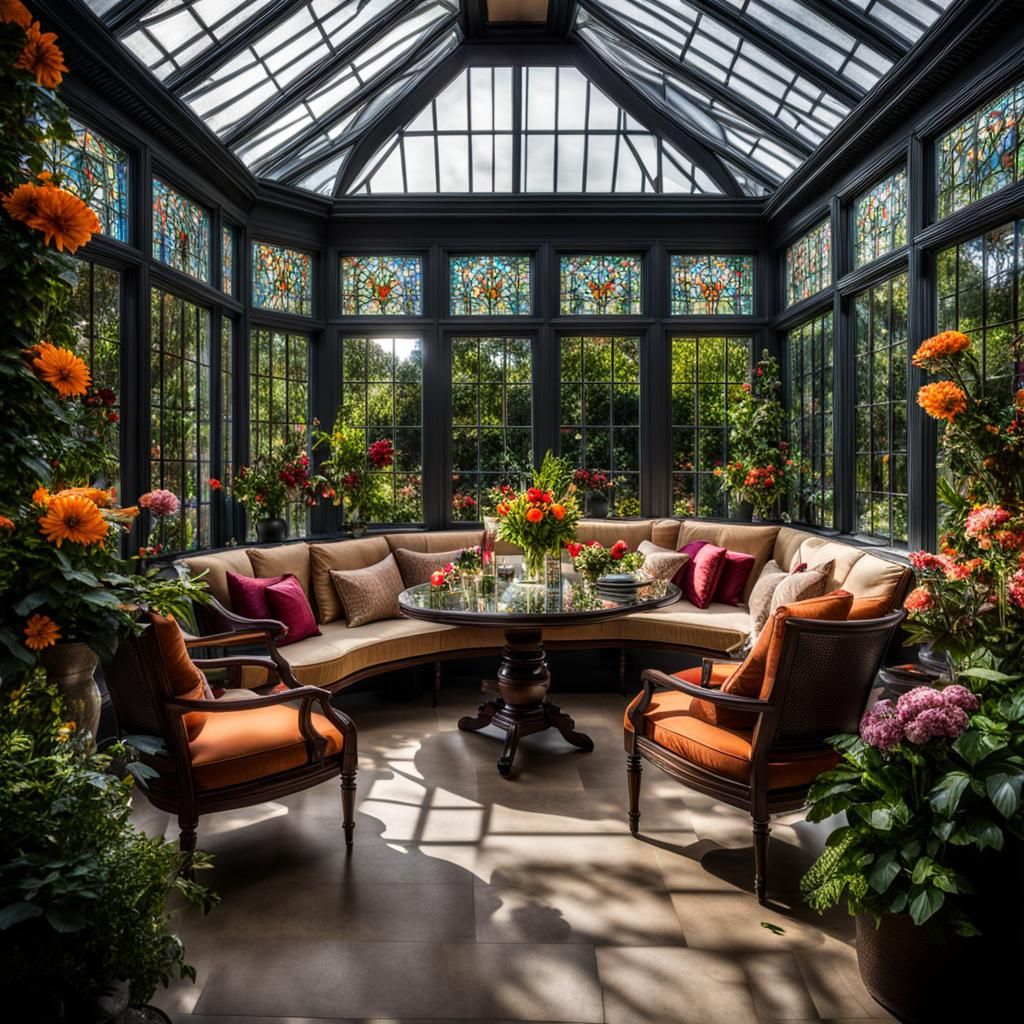 Hyperrealistic Orangery Interior with Stained Glass