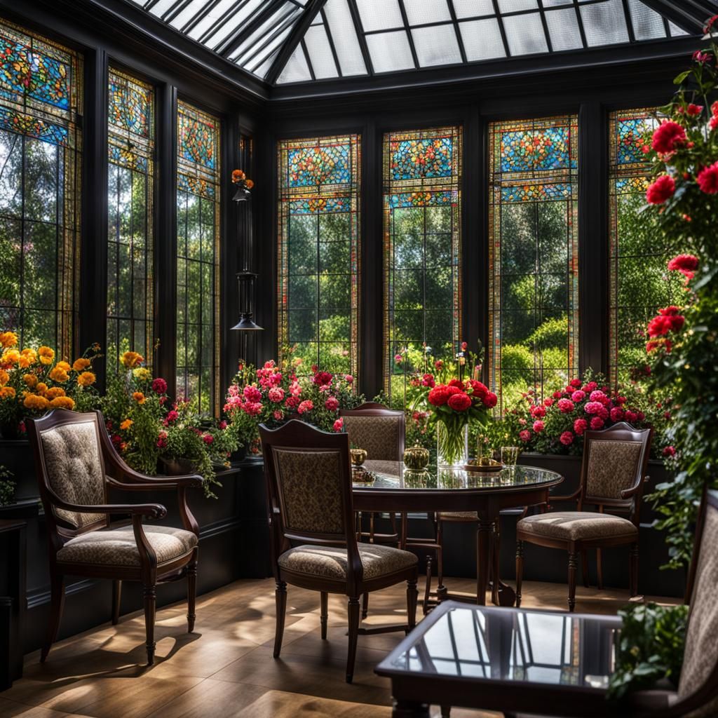 Hyperrealistic Orangery with Stained Glass and Flowers