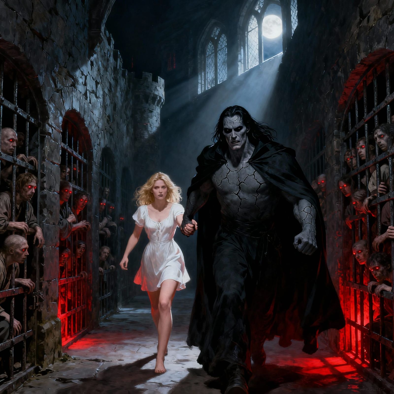 Dark Fantasy Man in Cloak Pulls Woman Through Castle Corrido...