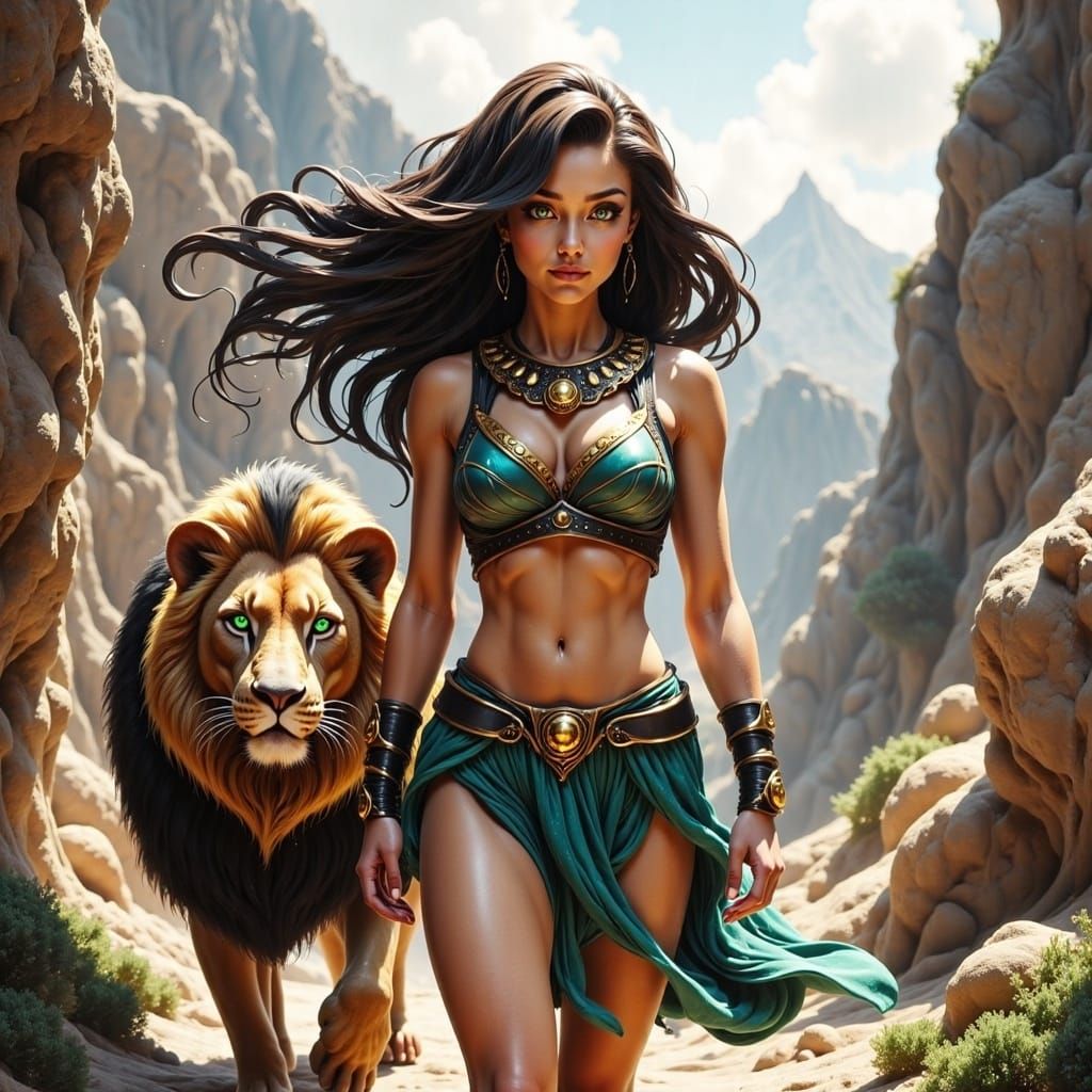 Anime Warrior Woman with Lion in Greek Landscape