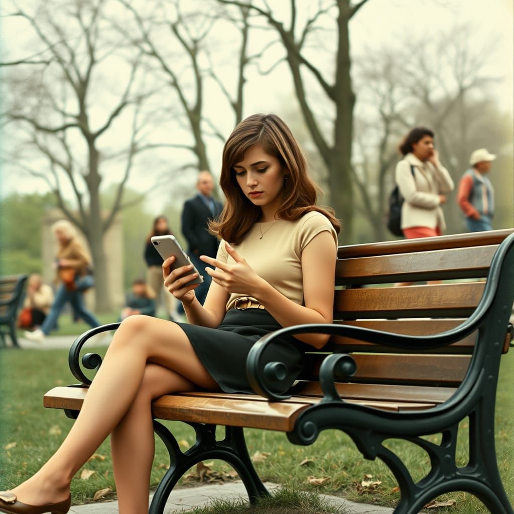 1960s Woman with iPhone in Park Photograph