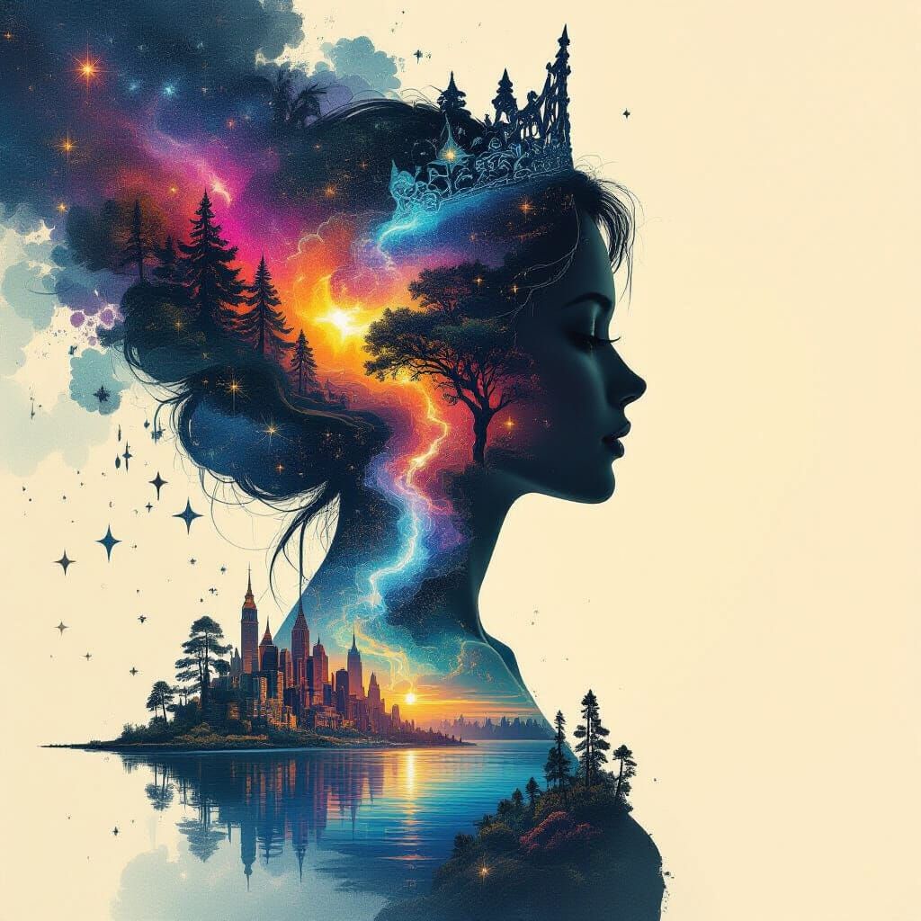 Galaxy Drips into World Inside Princess Silhouette