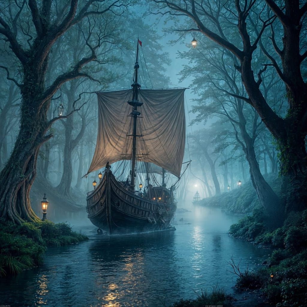 Misty River Galleon Under Bioluminescent Trees