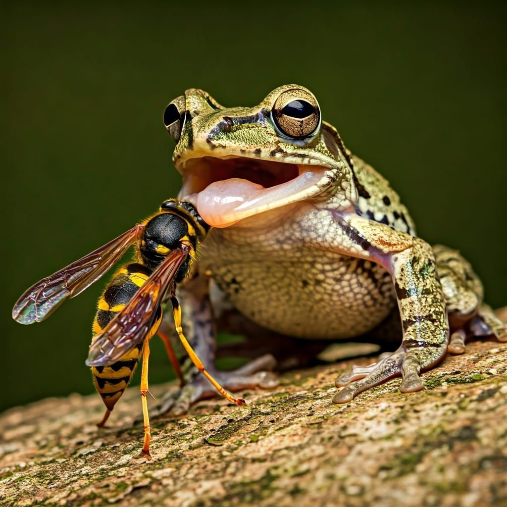 Frog Captures Wasp: A Photorealistic Macro Photograph