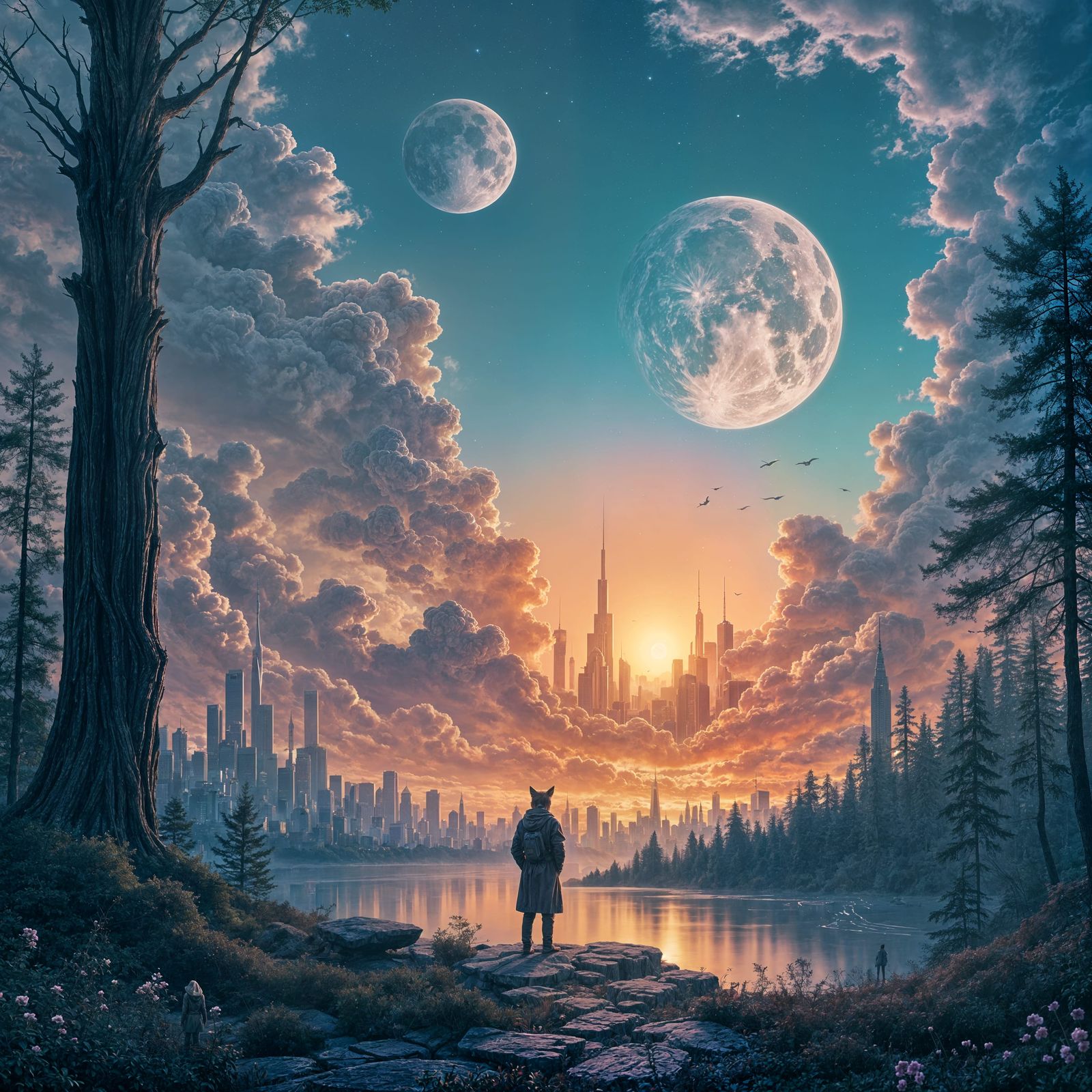 Fox-Man in Surreal City-Forest Landscape, Digital Painting