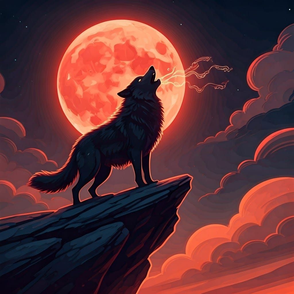 Black Wolf Howling at the Moon, Miyazaki-esque Art
