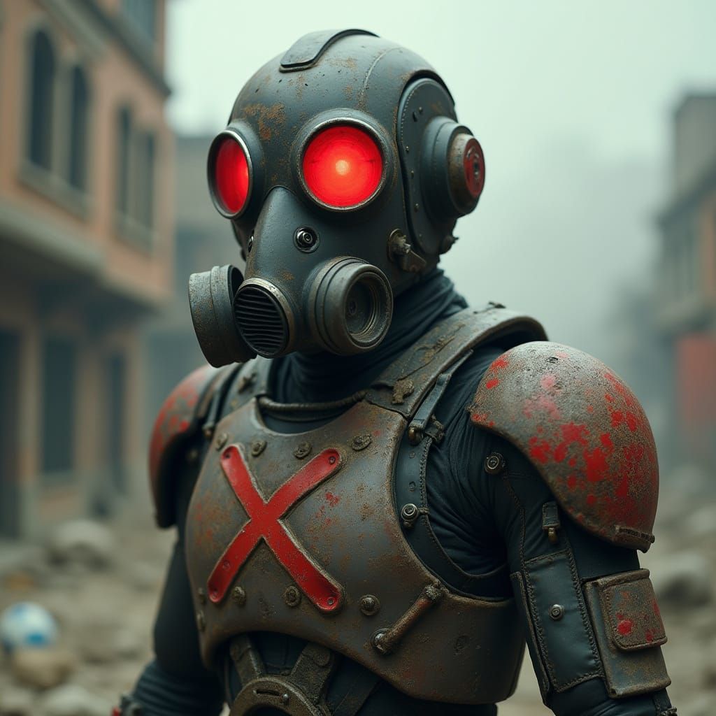 Dystopian Soldier in Battle-Worn Exosuit with Gas Mask