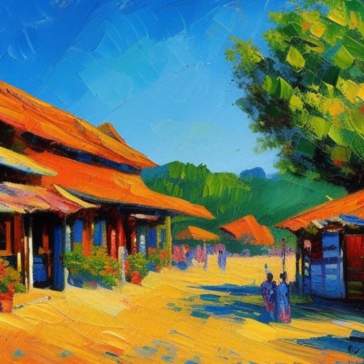 Trading Post Village Entrance in Neo-Impressionist Style
