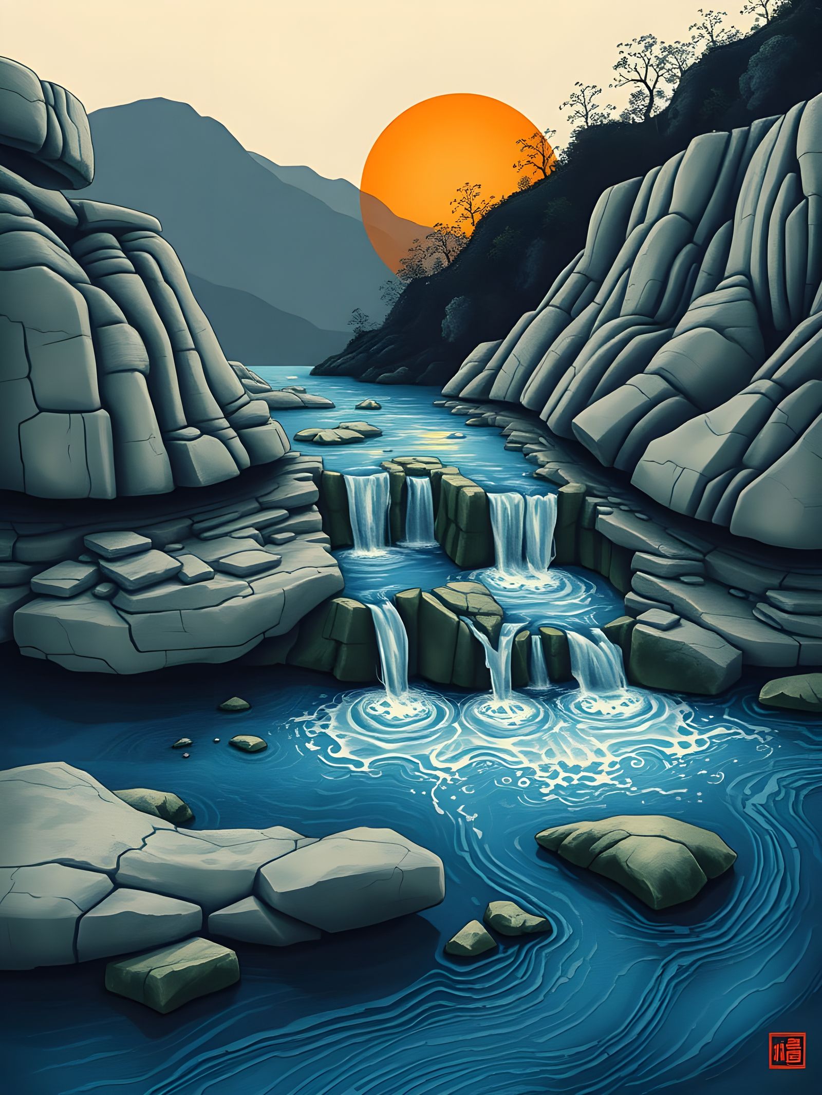 Japanese Scroll: Limestone Waterfall in Ukiyo-e Style