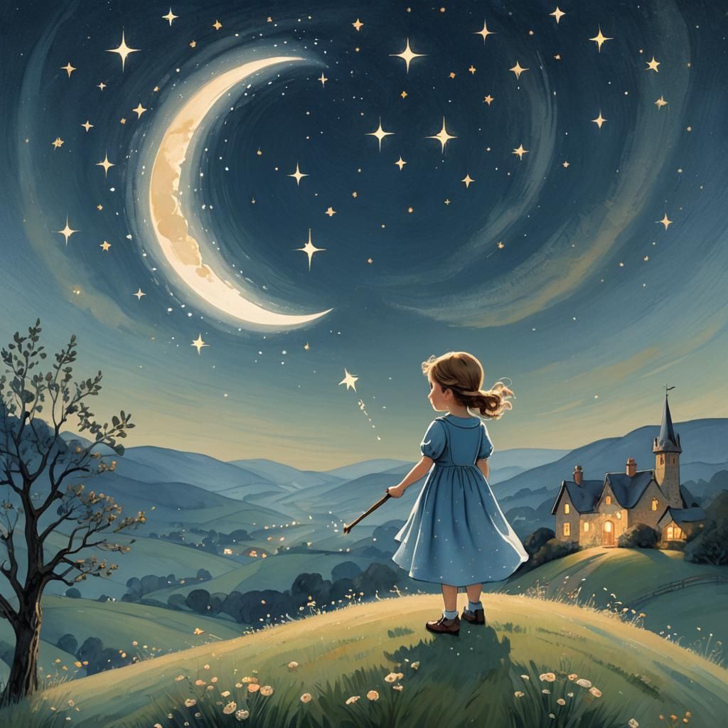 Magical Girl on Starry Hill, Watercolor Illustration