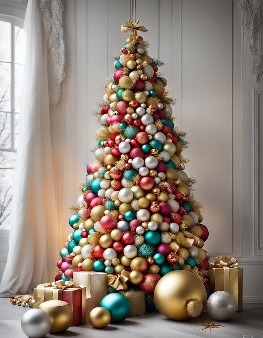 Snowy Christmas Tree with Golden Ribbons