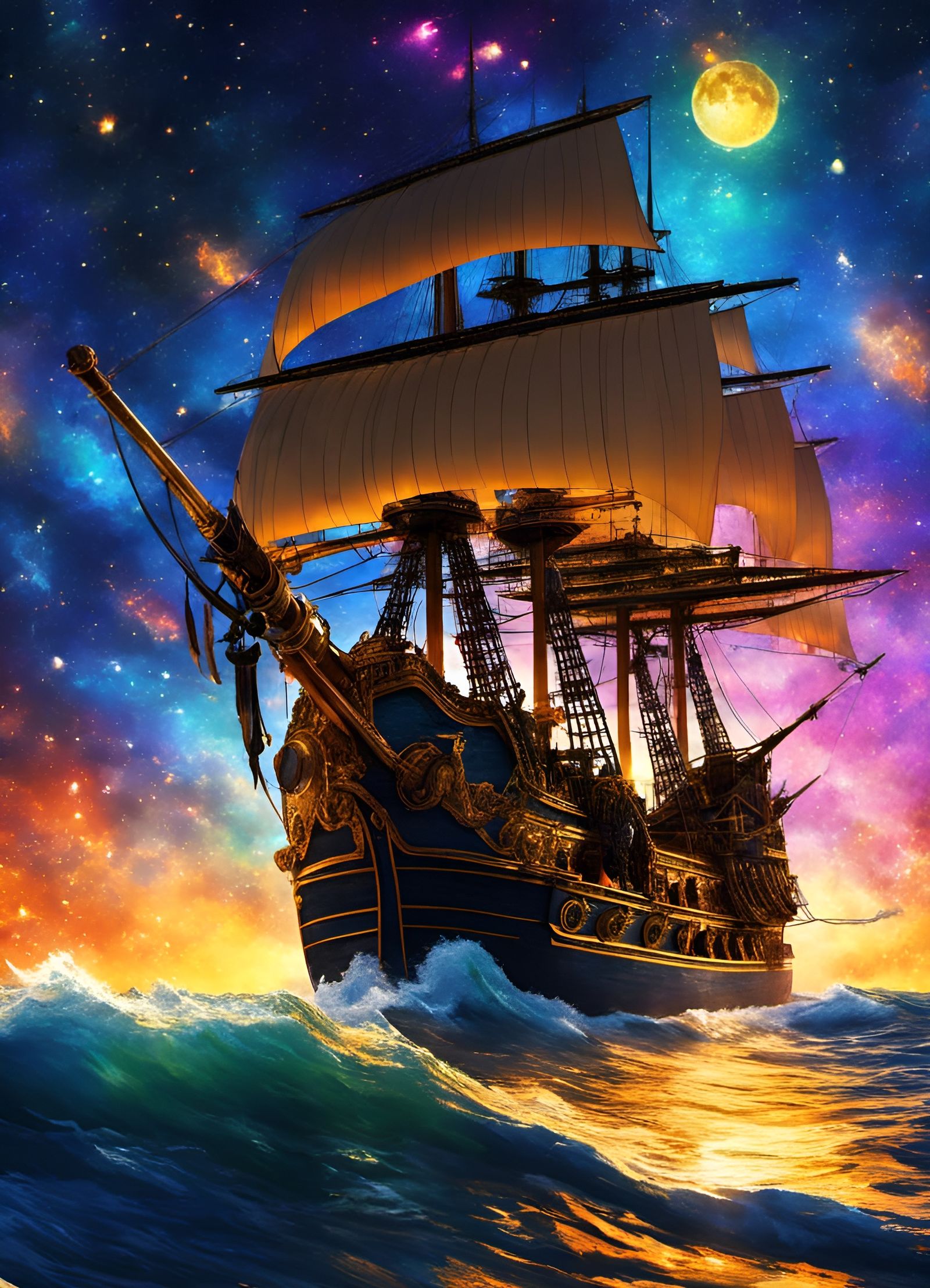 Gold Pirate Ship in Impressionistic Anime Landscape