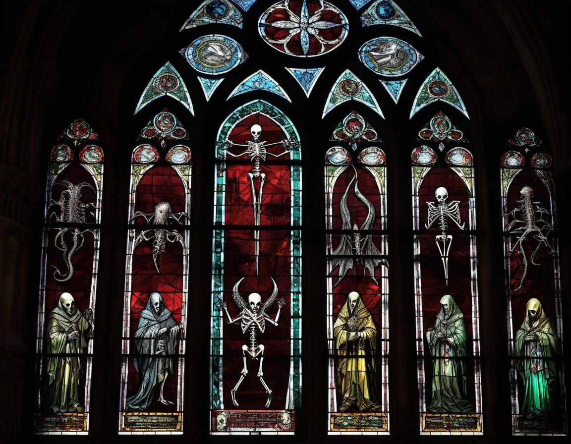 Skeletal Dragons in Gothic Cathedral Windows