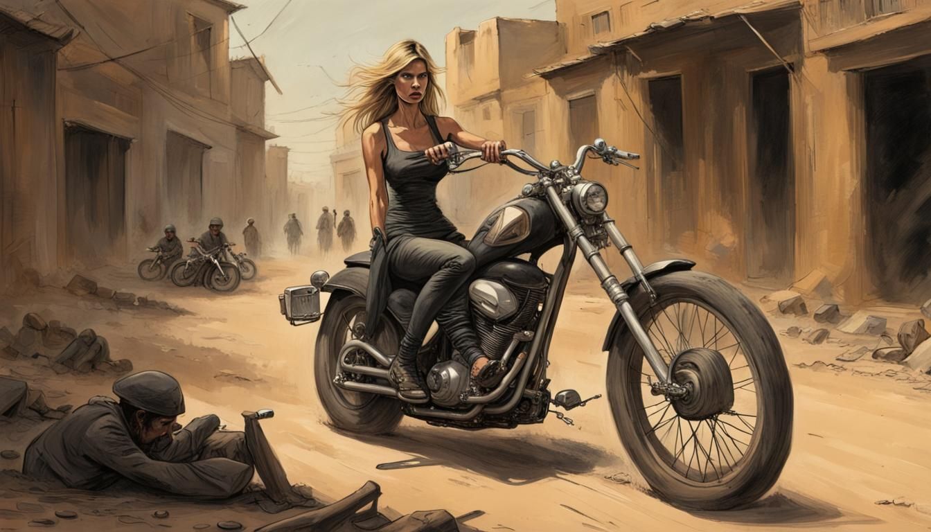 Outlaw Biker in Cityscape, Dark Fantasy Illustration