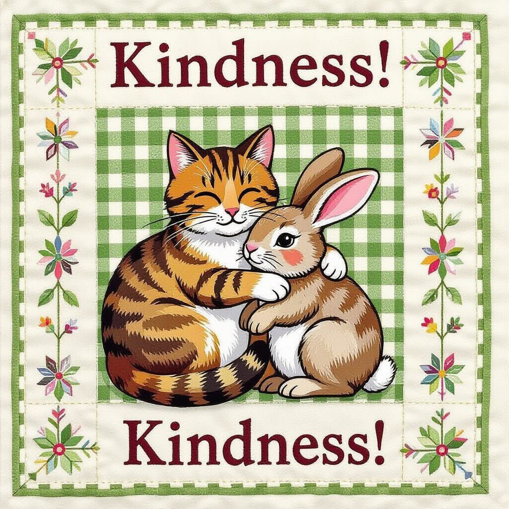 Folk Art Quilt: Cat Cuddles Rabbit with Kindness Embroidery