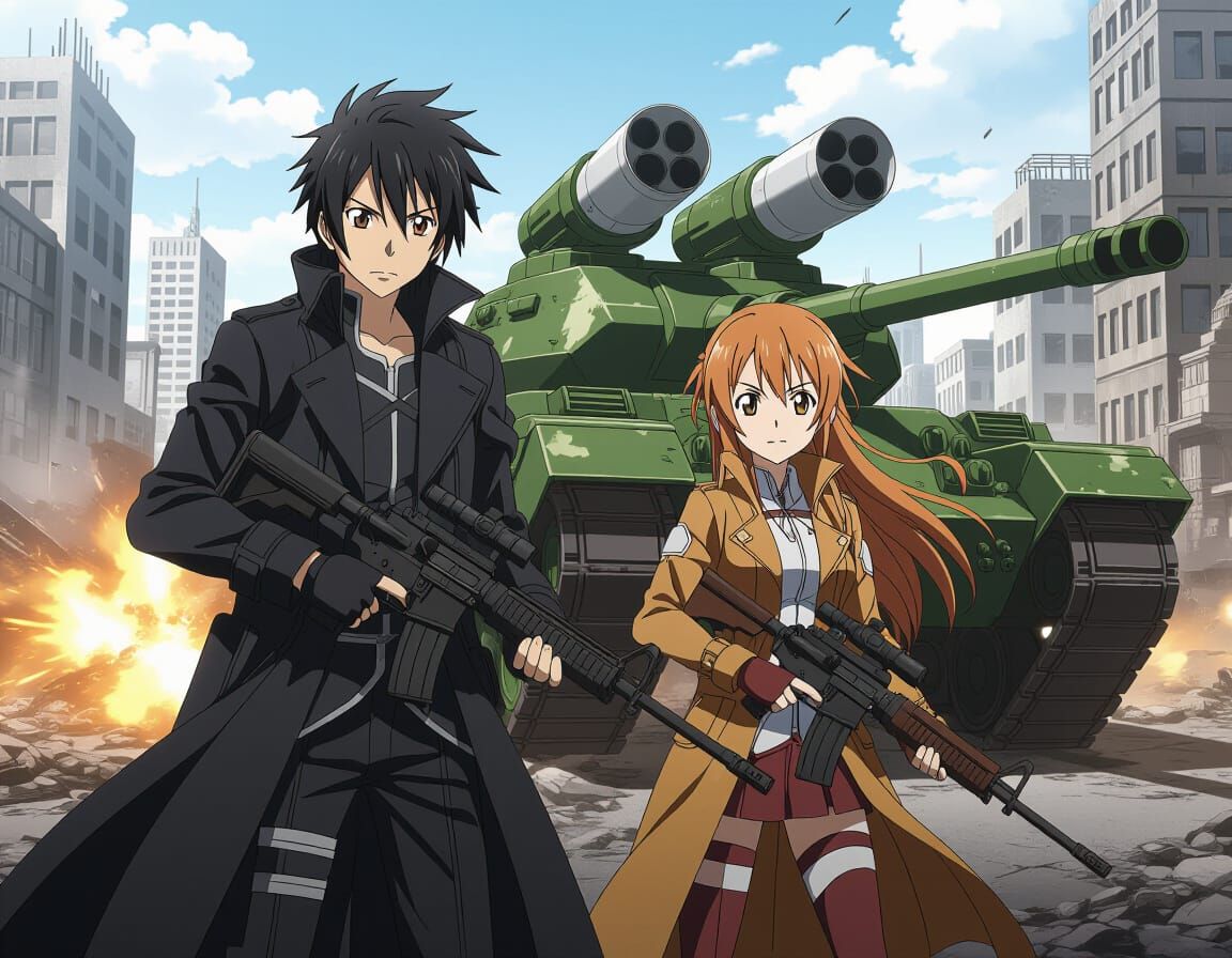 Kirito & Asuna Battle Apocalyptic Tank in Anime Style