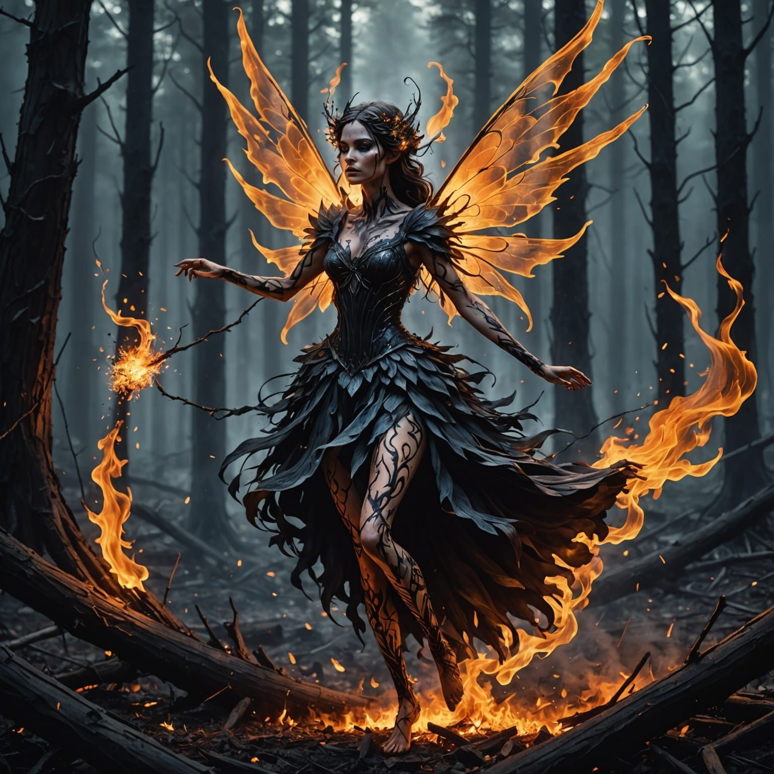 Ash Fairy Dances in Charred Forest: Dark Fantasy Art