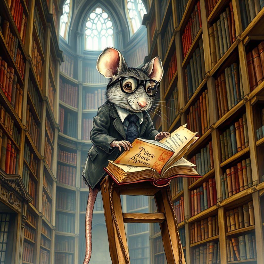 Anthropomorphic Mouse Scholar in Grand Library