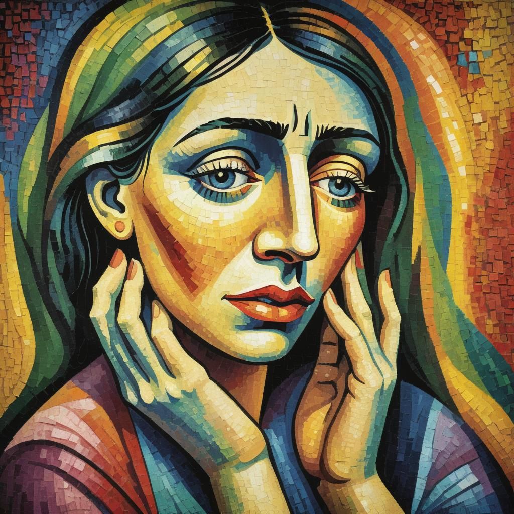 Weeping Woman, Picasso with vivid colours in pointillism, lo...