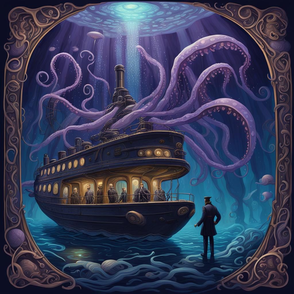 Giant Squid Attacks Submarine: Art Nouveau Dark Fantasy