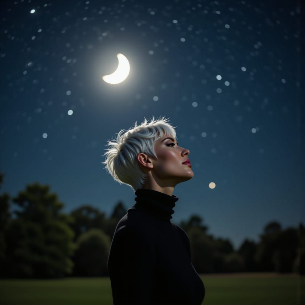 Woman Gazes at Starry Night Sky in English Garden