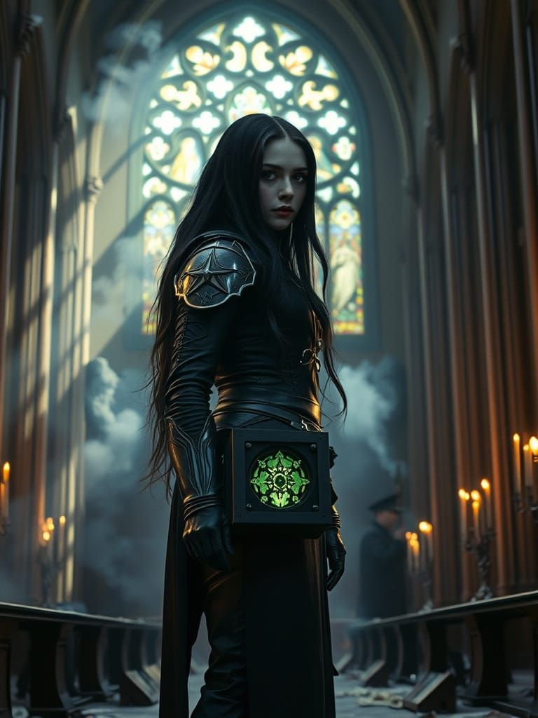 Gothic Huntress in Abandoned Cathedral, Cinematic Style