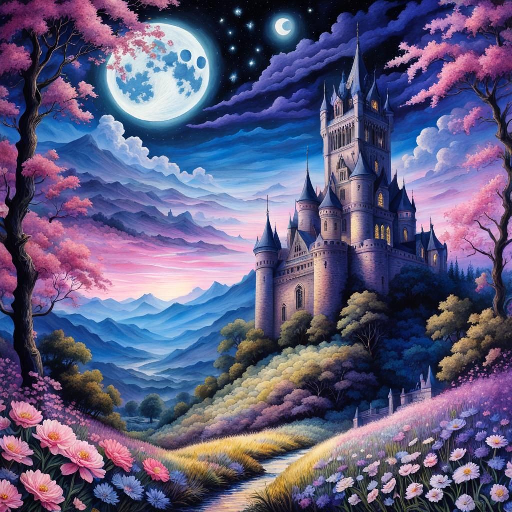 Watercolor Field of Flowers Under Purple Moon
