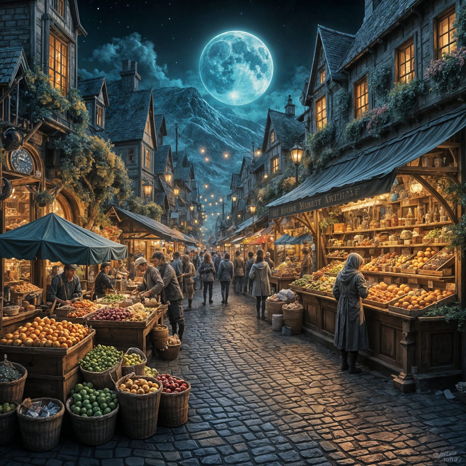 English Village Night Market Masterpiece in Digital Painting...