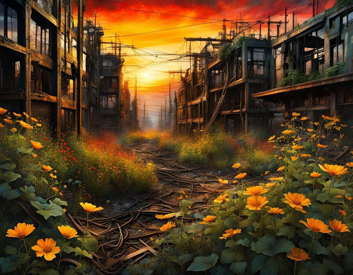 Dystopian Cityscape Reclaimed by Nature Collage