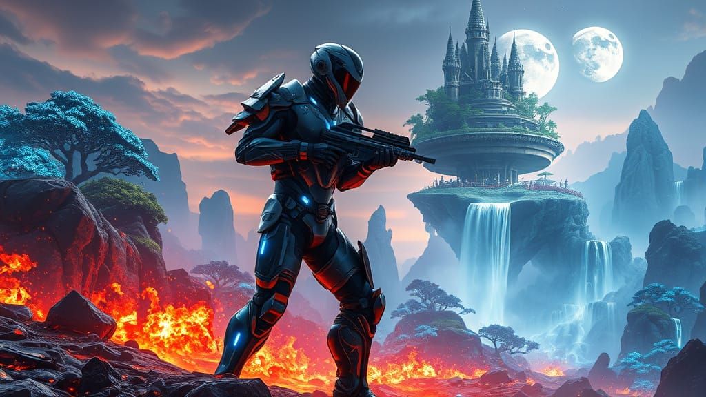 Heroic Warrior in Futuristic Exosuit on Smoldering Battlefie...