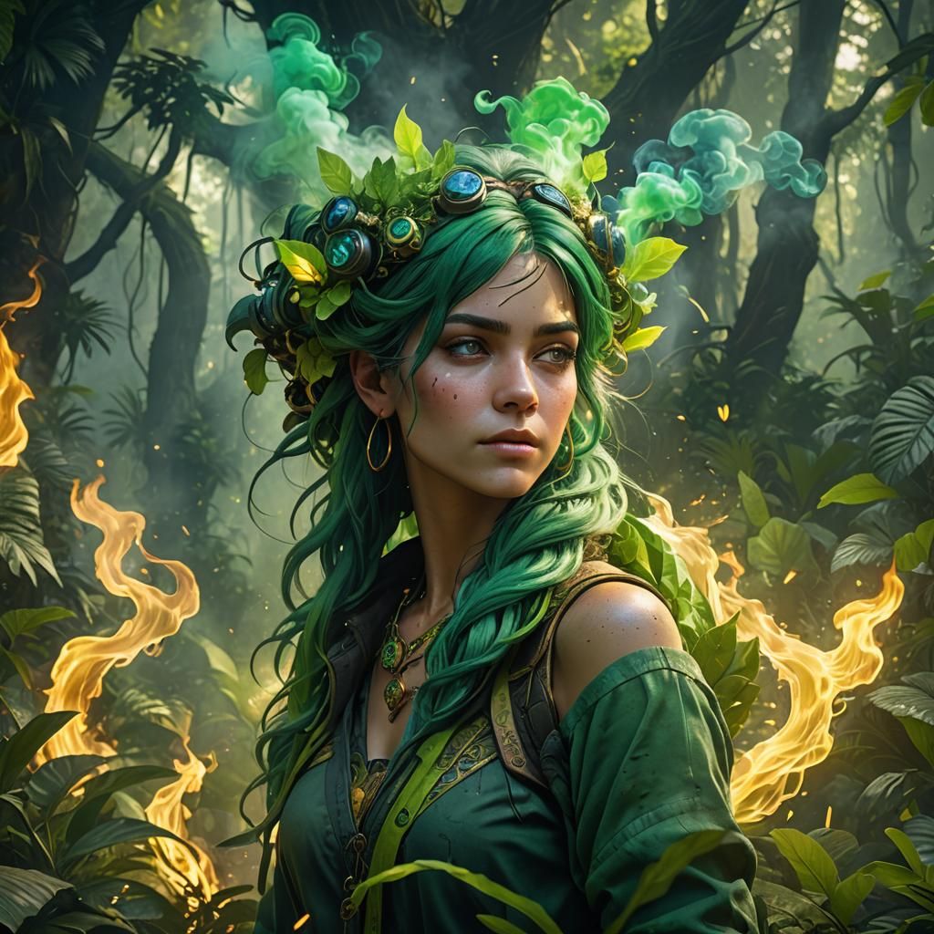 Green-Haired Woman in Jungle with Fire Smoke