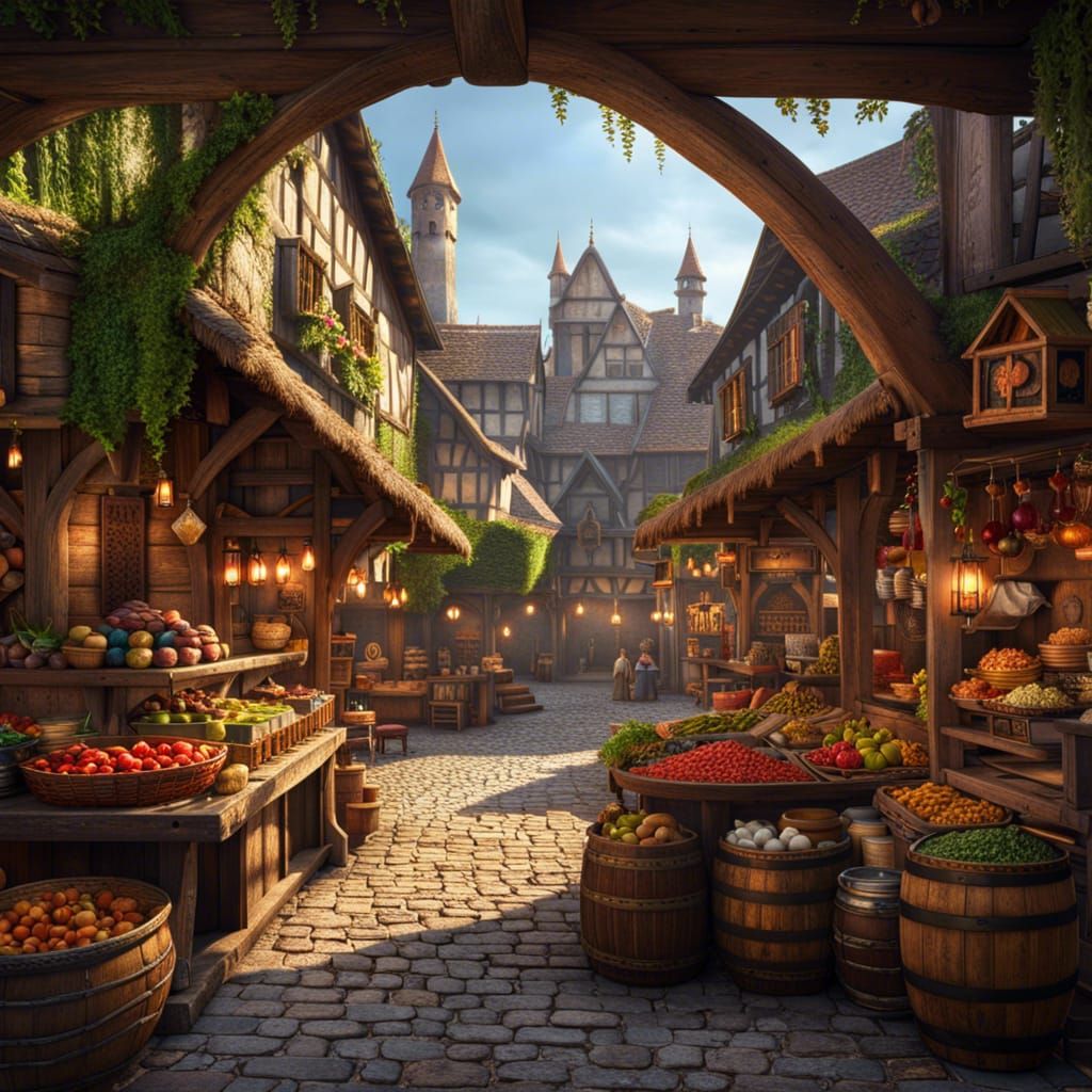 Fantasy Medieval Market in Hyperdetailed 8K