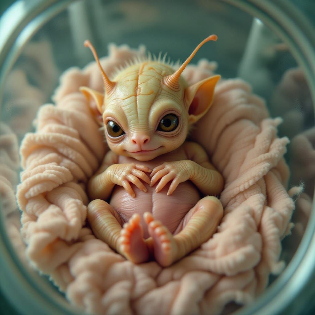 Grotesque Newborn Hybrid in Fetal Position, Cinematic Style
