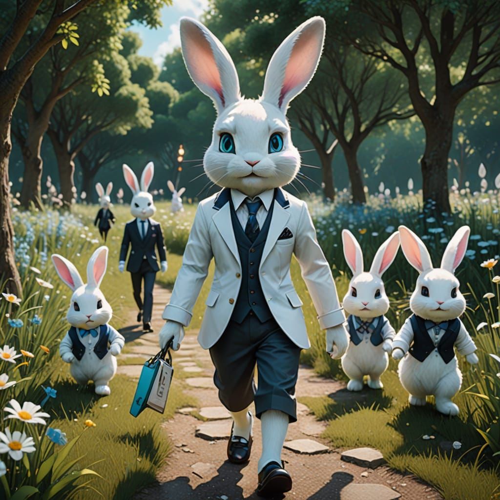 Anthropomorphic Rabbits in Suits with Hatsune Miku in Meadow