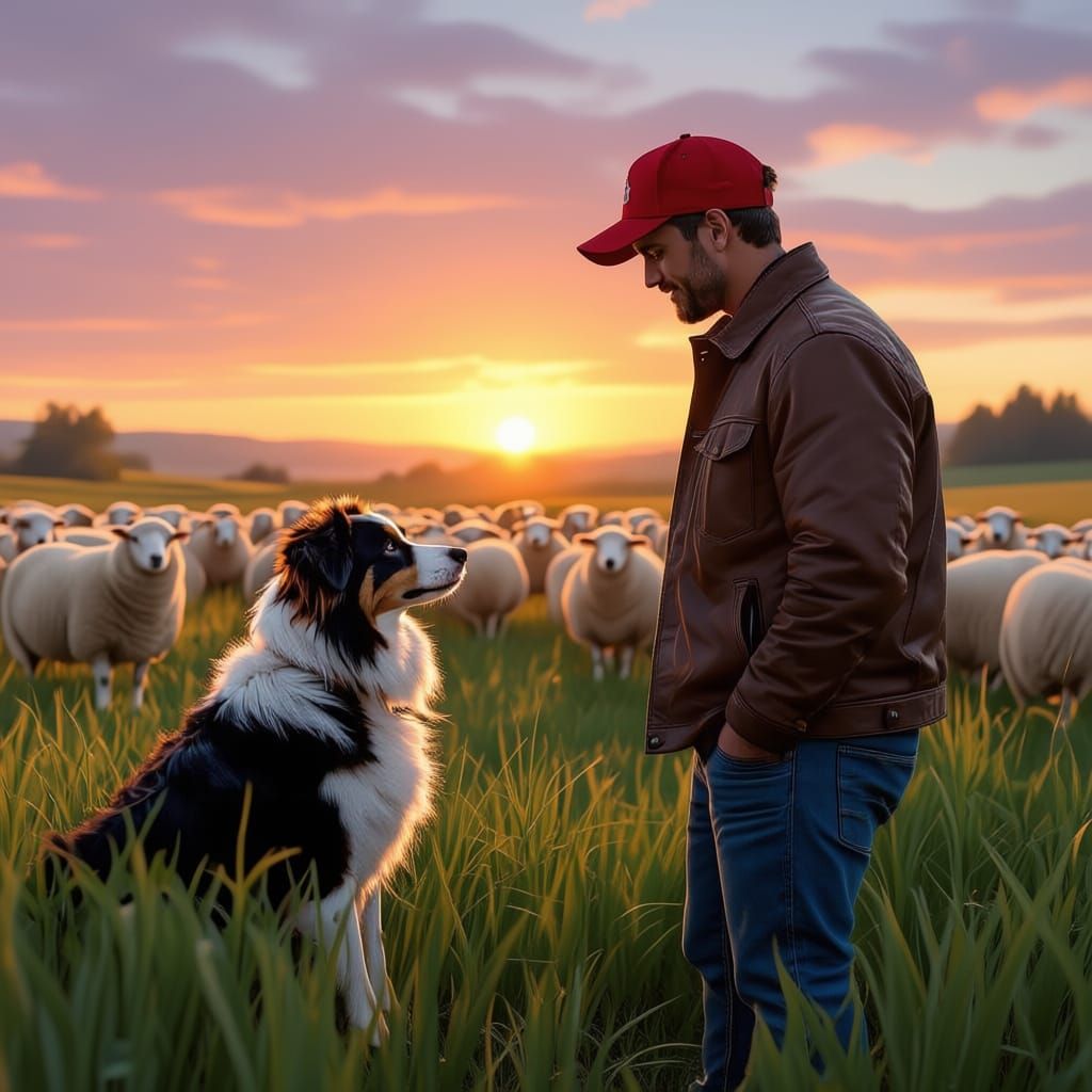 Shepherd and Border Collie at Sunrise Over Green Pastures