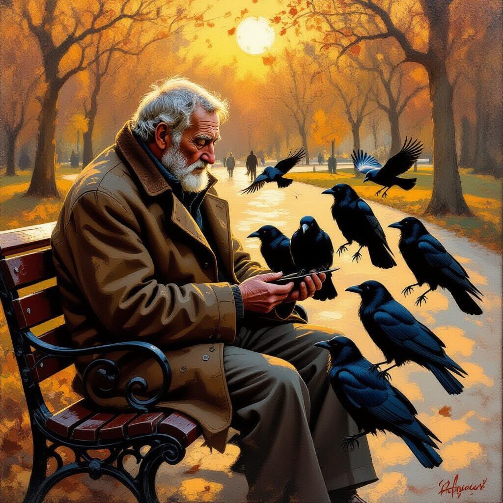 Old Man Feeding Crows in Golden Hour Light