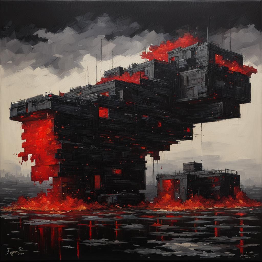 Black Panel of Red Pixels in Oil Painting Style
