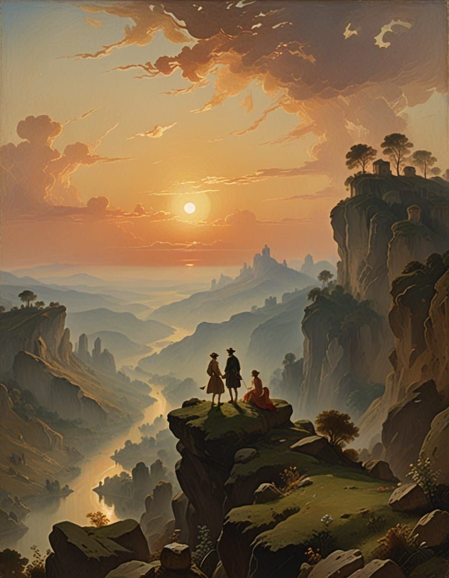 Romantic Sunset Silhouettes of Lovers on Rocky Outcropping