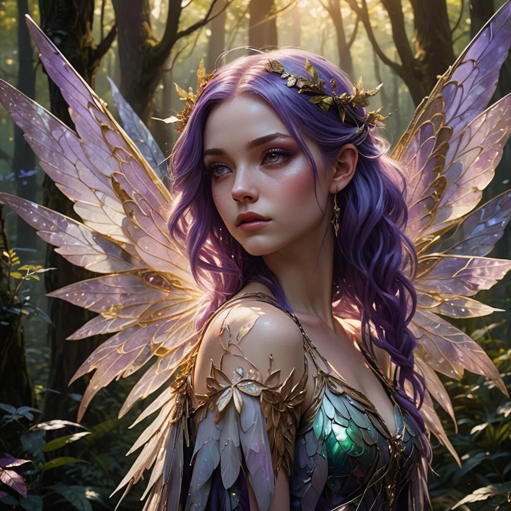 Purple Haired Fairy in Forest, Fantasy Art
