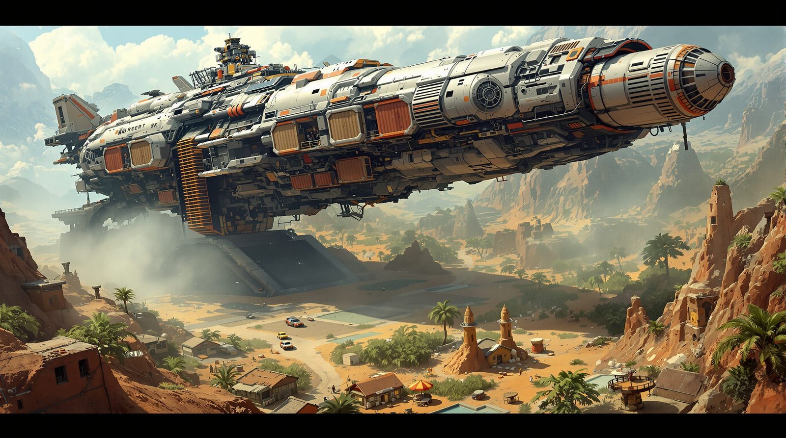 Sci-Fi Cargo Ship Resupplying Alien Colony in Jungle