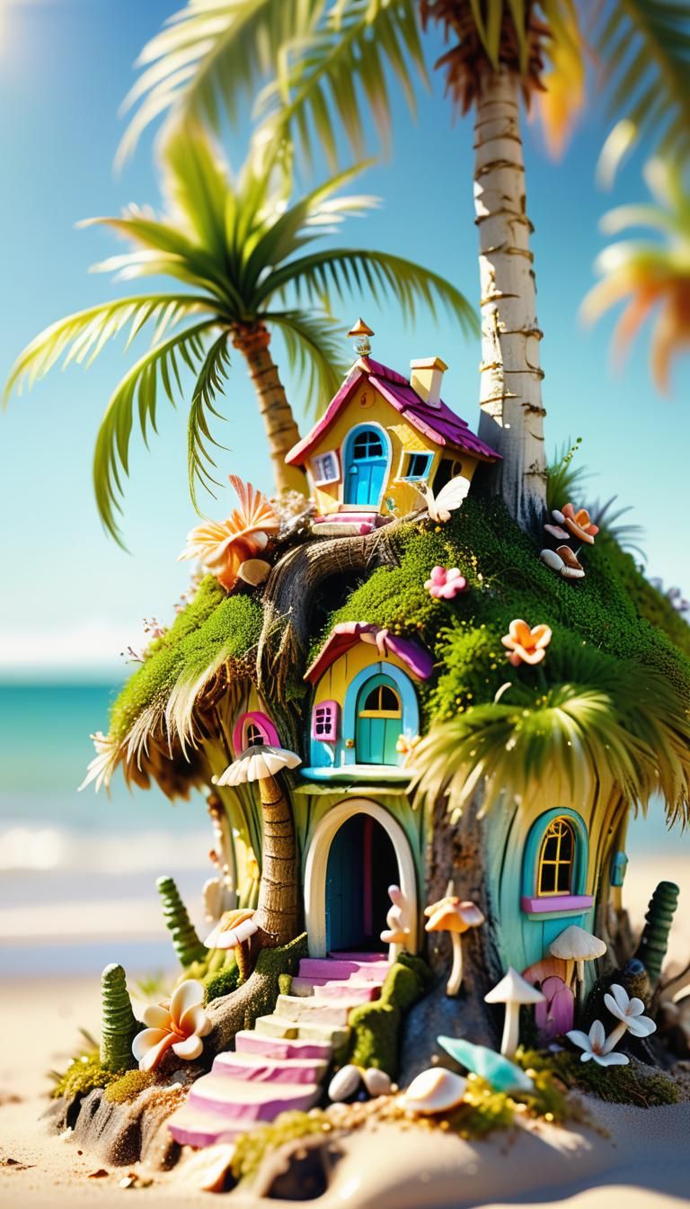 Tiny fairy houses built around the trunk of a palmtree Palm ...