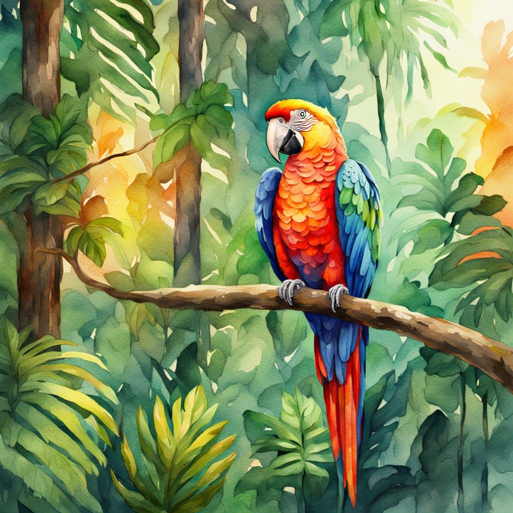 Parrot in Rainforest: Watercolor Painting