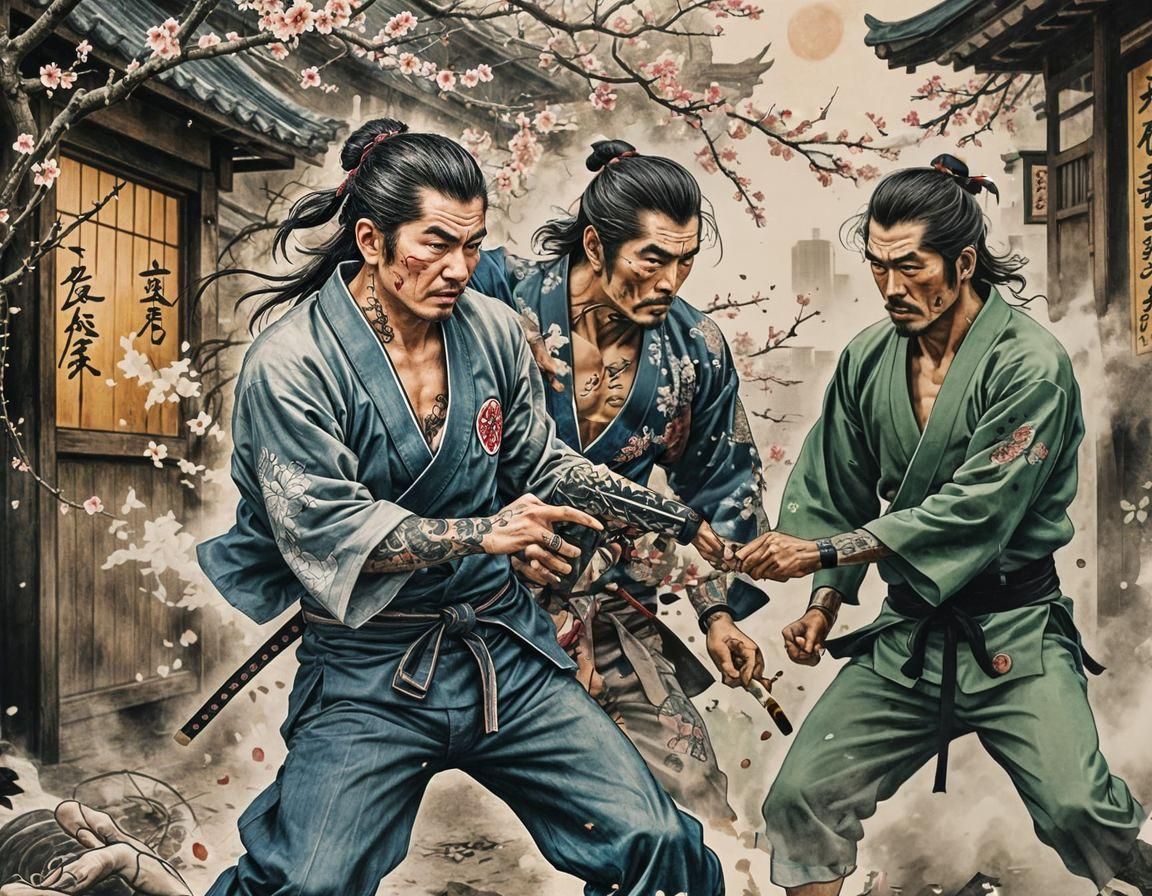 Yakuza Fight in Traditional Japanese Tattoo Style