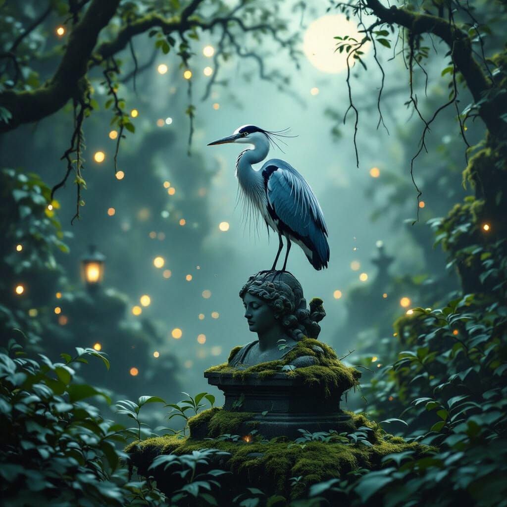 Elegant Heron in Enchanted Moonlit Park