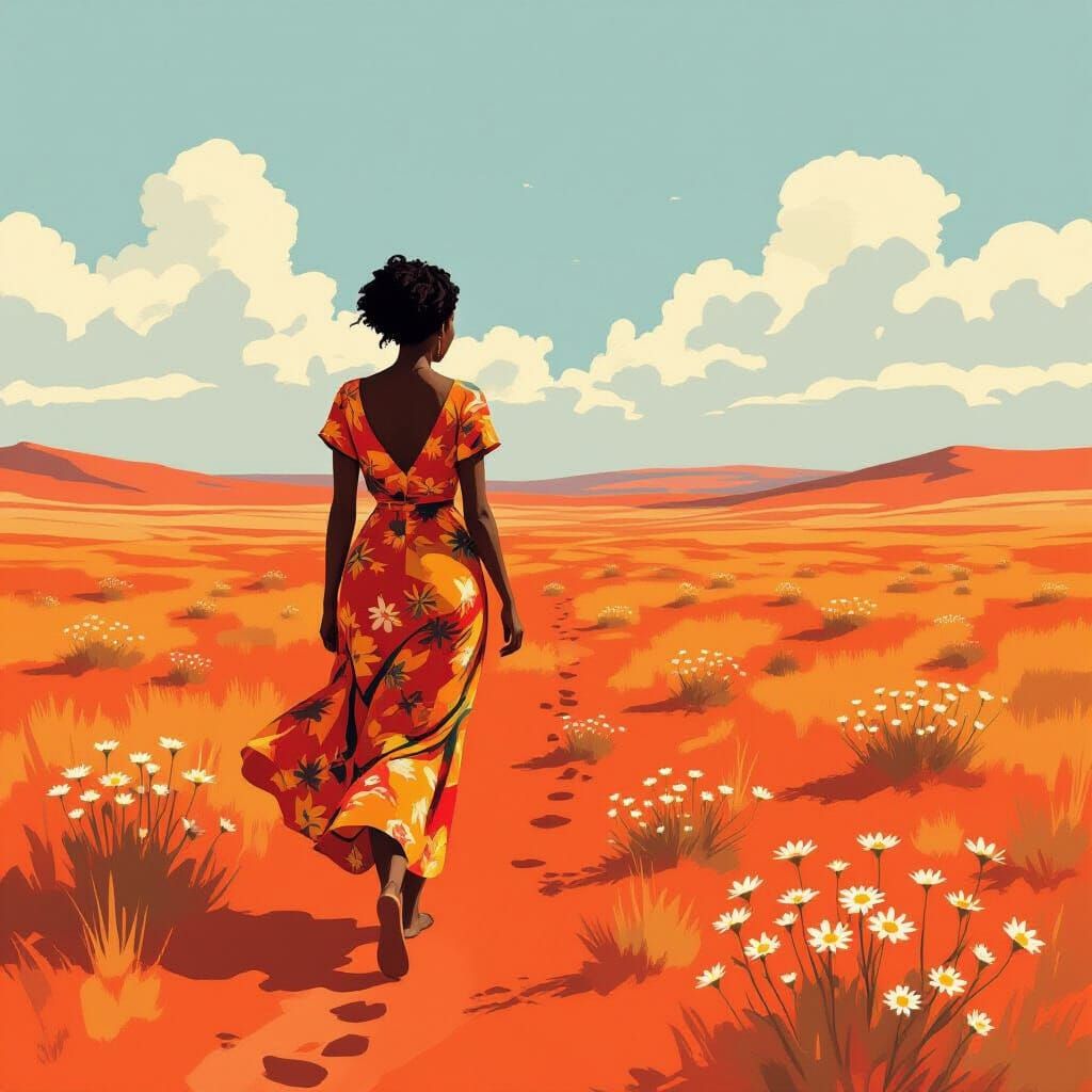 African Woman in Veld Landscape as Impressionist Painting