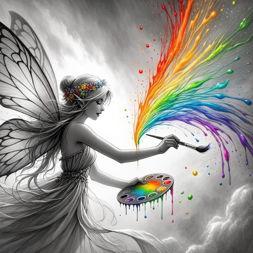 Vibrant Fairy Paints Rainbow Across Grey Sky