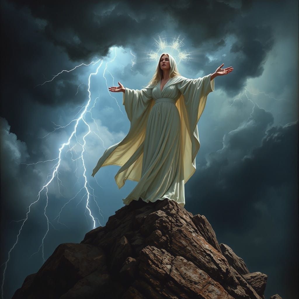 Priestess in Dramatic Thunderstorm, Inspired by Caravaggio a...