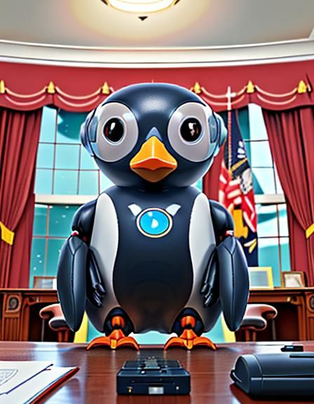 Robot Penguin in the Oval Office, 4K Render