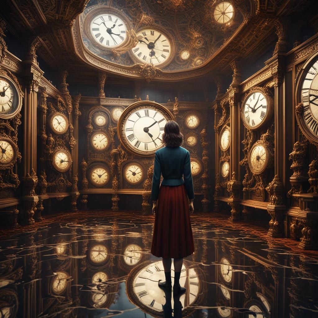 Woman in Infinite Clocks and Mirrors
